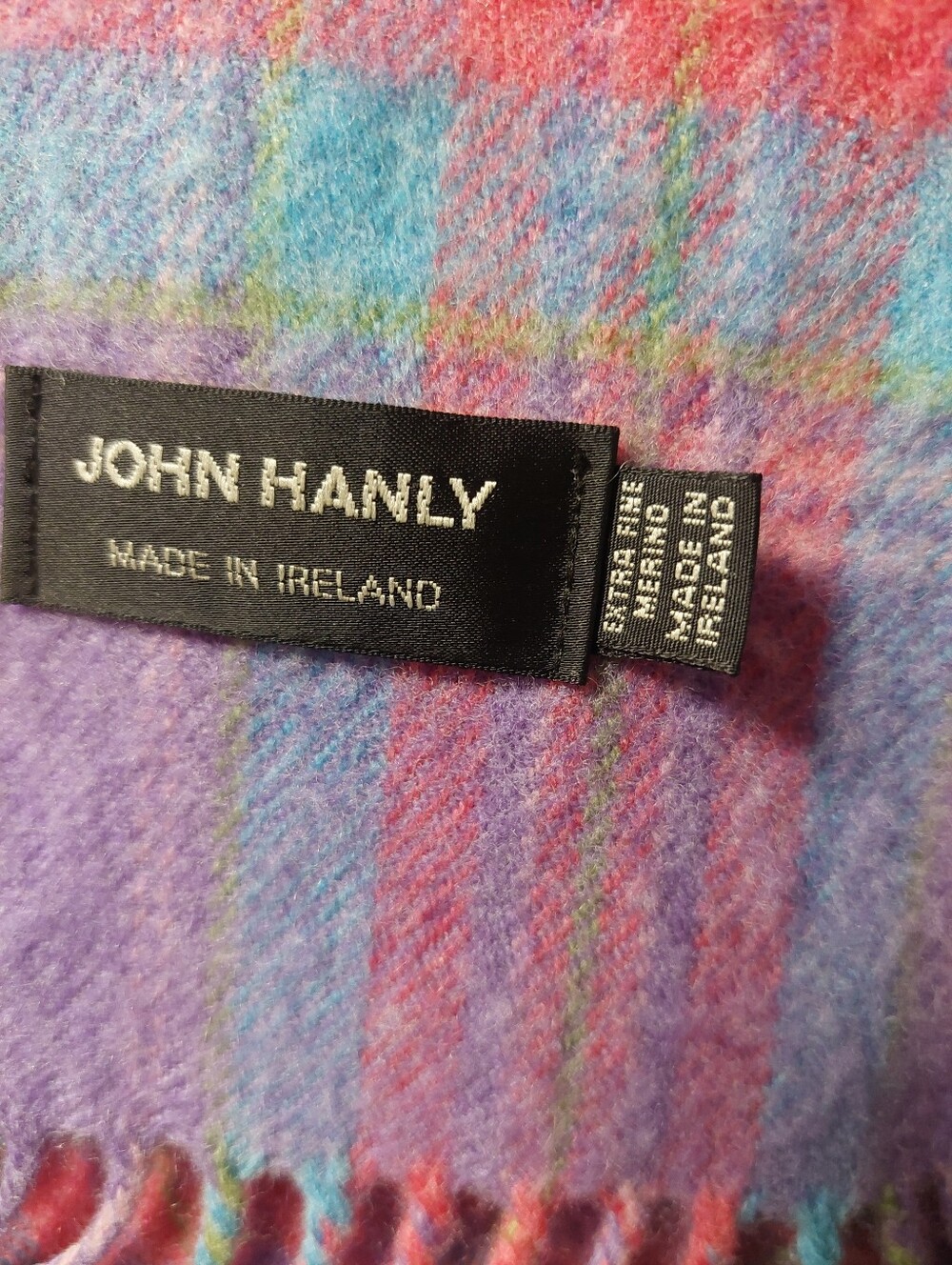 John Hanly Scarf pink & teal Plaid Fringe 100% Extra Fine Merino Wool 11.5"×62" - Picture 4 of 4